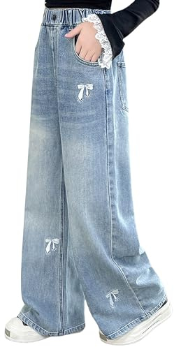 Rolanko Baggy jeans för flickor, hög elastisk midja och breda ben, lösa bootcut denimbyxor för barn 6 till 15 år, 10-11 �r