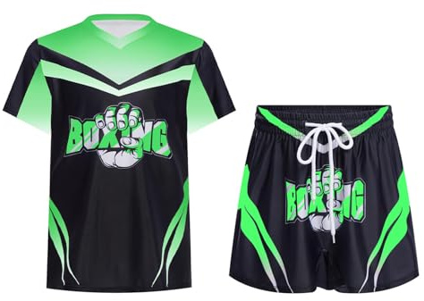 RUNQHUI - Pantalones cortos de boxeo con camiseta para niño y niña, conjunto de ropa de boxeo Muay Thai MMA Kick Boxing verde 7-8 años