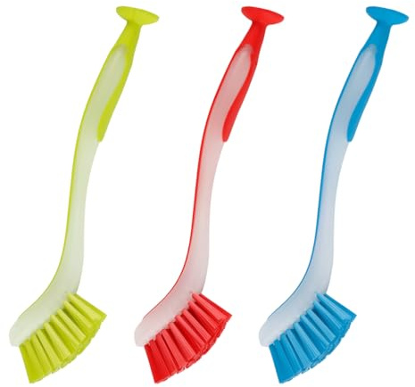 Lotsdonxia 3 Pcs Long Handle Dish Brushes Set, Colour Coded Washing Up Scrub with Durable Bristles for Deep Cleaning Kitchen, Sink, Pots and Pans (Red, Yellow, Blue)