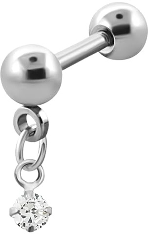Ohr Piercing Schmuck, Helix, Daith, Tragus oder Lobe Stecker, Kette mit Stein rund in klar und Stahl Stab in 1,2 x 8 mm mit 4 mm Kugeln