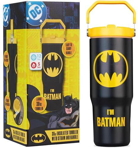 Get Trend DC Comics Batman Insulated Tumbler, 850ml Travel Coffee Mug | Stainless Steel Water Bottle with Straw & Handle, 12H Cold & Hot 5H, Leakproof Double Walled Vacuum Metal Flask