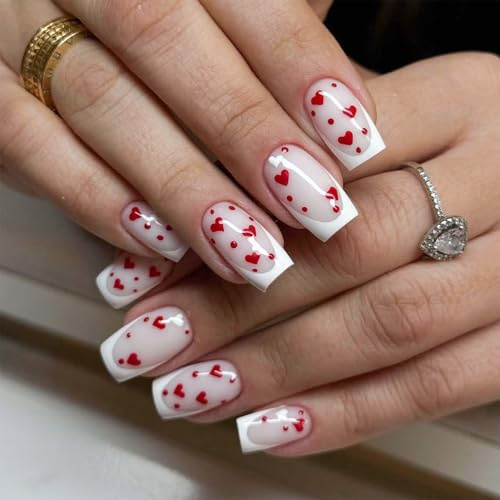 Dermalyx 24 Stück Weiße French Press On Nails Mit Roten Herzen & Punkten, Valentinstag Design Nägel Zum Aufkleben, Soft Gel Press On Nägel, Künstliche Nägel