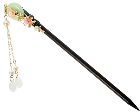Lurrose Palillos Chinos de Madera Cabello Borlas Verdes, Palillo para Moños y Peinados Vintage, Accesorio Ligero y Resistente para Pelo Rizado y Grueso, Adecuado para Bodas y Eventos
