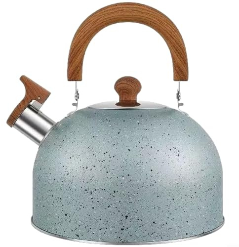 Bollitore a fischio martellato in acciaio inossidabile, con manico in legno, grande capacità 2L/3L/4L, fondo piatto per fornelli a induzione e a gas (blu)