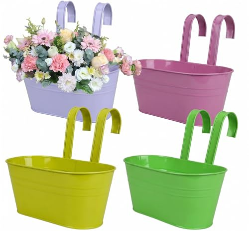 Puedno 4pcs Metal Hanging Flower Pots 27.5cm, Iron Plant Pots for Railing Fence, Large Hanging Flower Bucket Pots with Detachable Hooks for Balcony Patio Garden Home Decor, 4 Colours