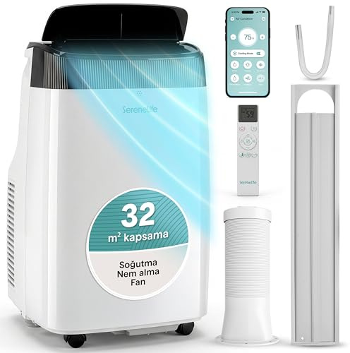 SereneLife Aire acondicionado móvil con manguera de drenaje 7000 BTU, aire acondicionado 3 en 1, refrigeración, ventilación y deshumidificación, wifi, pantalla digital y kit de ventana, temporizador