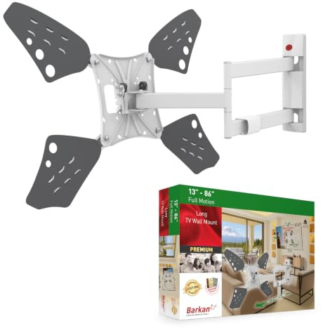 Barkan Long White TV Wall Mount, 13-80 inch Full Motion Articulating - 4 Movement Flat/Curved Screen Bracket, Holds up to 110lbs, Extremely Extendable, Fits LED OLED LCD