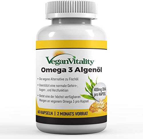 Omega 3 Vegan - Olio di Alghe ad Alta Efficienza, 400mg DHA per Capsula - 60 Capsule, Fornitura 2 Mesi - Integratore di Omega 3 a Base di Alghe