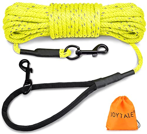 Joytale Long Training Lead for Dogs, 15/10/5M Strong Reflective Training Leads with Soft Handle, Nylon Rope Long Line Leash for Small and Puppy Dogs with 2 Hook Tie out, 15M, Neon Yellow