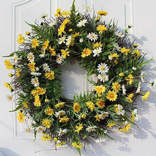 Mokyler 55,9 cm weißer und gelber Gänseblümchenkranz, künstliche Gänseblümchen, Blumenkranz für Haustür dekorativer hängender Blumenkranz für Zuhause, Küche, Wanddekoration