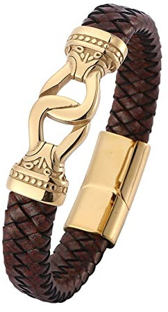 Skcess Magnetarmband Herren Gold，Kettenarmbänder Geflochtenes Lederarmband Mit Schnalle Rostfreier Stahl Männerarmband 20.5cm