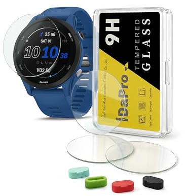 iDaPro Vetro Temperato per Garmin Forerunner 255/255 Music 46mm | 4 pezzi + 4 tappi + Scatola ABS. Durezza 9H, antigraffio, senza bolle, HD, anti-impronte, facile installazione.