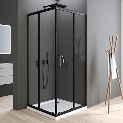 Duschkabine, Duschkabine 100x100cm Eckeinstieg mit Schiebetüren 6mm ESG Glas Matt Schwarz Duschabtrennung Dusche Duschwand Höhe 185cm, LINKS & RECHTS MONTIERBAR