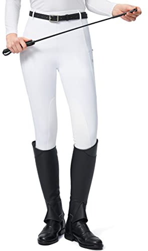 SANTINY Women's Horse Riding Pants with Zipper Pockets Knee-Patch Schooling Tights Equestrian Breeches for Women (White_S)