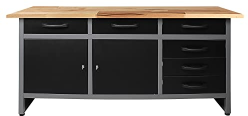 Ondis24 Werkbank Karsten Werktisch Packtisch 6 Schubladen Werkstatteinrichtung 160 x 60 x 85 (H) cm Buchenholzarbeitsplatte, Metall bis 510kg belastbar