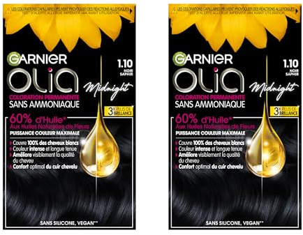 Garnier Olia Teinture Permanente pour Cheveux Sans Ammoniaque Coloration aux Huiles de Fleurs Naturelles à Action Illuminante et Nourrissante Couleur 1.10 Noir Saphir-2 Packs, 460.0 millilitres