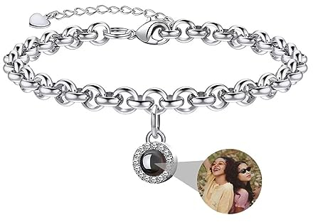 Personalisierte Foto Armband Benutzerdefinierte Runde Perle Projektion Armband mit Eigenen Bild im Stein, Lupe Foto Armbänder, Verstecktem Fotoarmband für Frauen Damen Freundschaft Silber Rose Gold