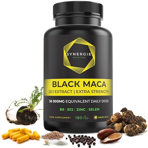 Black Maca de Synergie Nutrition – 1800 mg de extracto de raíz de Maca Negra 20:1 – con Zinc, Selenio, Vitamina B6 & B12 – 180 cápsulas - suplemento alimenticio