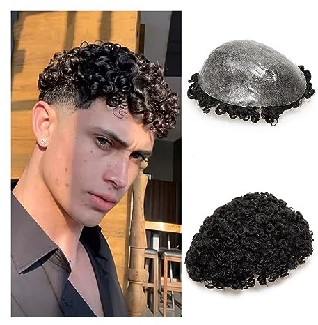 Haar Toupet Männer Afro-Toupet for Männer, 0,12–0,14 mm Dicke, volle PU-Haut mit gewellter Vorderseite, Männer-Toupet, 15 mm Locken-Injektionsbasis, Haarteile, Echthaar-Systemeinheiten Herren-Toupet (