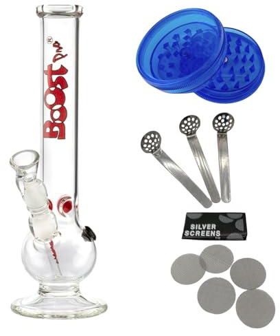 raupir Set Tabakpfeife Glasbong Amsterdam Höhe 32cm Mundstück abgerundet ø 40mm Bong Glaskopf Chillum 14,5mm Siebe Acrylgrinder