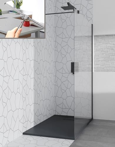 BADLAND Komplettes Set - Walk-In Dusche KETIL 100x195 + Duschwanne VIDAR 80x100 + Badwischer - Duschabtrennung Transparent Nano Glas, Duschtasse Rechteck Schwarz Steinoptik SMC mit Siphon Ø 90 mm