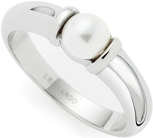 JEWELS BY LEONARDO Ring Almina • Band-Ring aus silberfarbenem Edelstahl • Gr. 19 (60) • weißer Solitär Perlen-Cabochon • verjüngende Ringschiene • Damen Schmuck Geschenk • 023540