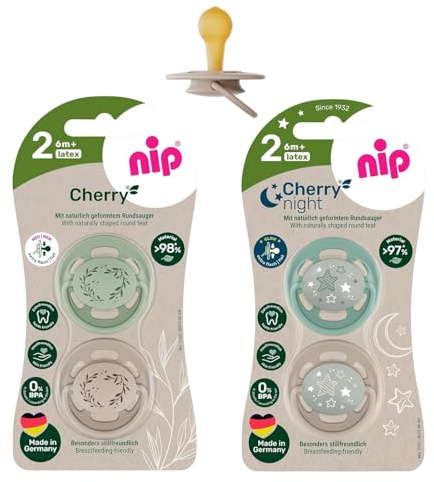 NIP Cherry Rundsauger Schnuller 4 Stück Set (2x2) Gr.2 (6 M +, Cherry Green+Cherry Night leuchtend)