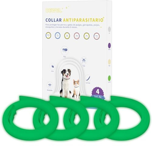 DEWEL Set de 4 Collar Antiparasitario Luminoso en Noche sin Electricidad, Collar contra Pulgas Garrapatas Piojos y Mosquitos, Tamaño 63,5 cm para Perros Grandes Medianos Pequeños y Gatos