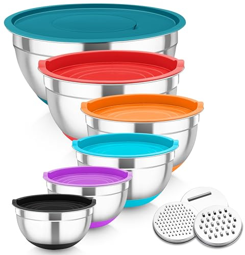 Homikit Mixing Bowls Set of 6, Stainless Steel Salad Bowls with Airtight Lids & 3 Grates, Metal Nesting Bowls for Mixing/Baking/Storing, Silicone Base - 0.7/1.2/1.6/2.5/2.8/4.6L (Multi-Color)