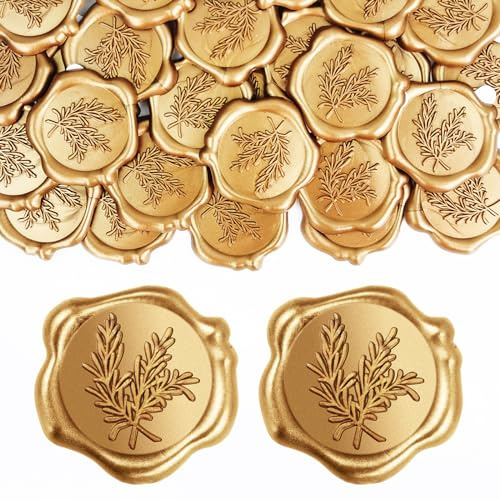 CoKeeSun 50 Piezas Sello de Cera Autoadhesivo Pegatinas, Sello Lacre Adhesivo Doradas de Ramas de Olivo Vintage, Calcomanías Adhesivas Para Sello De Cera, para Invitaciones, Boda, Cumpleaños, Fiesta