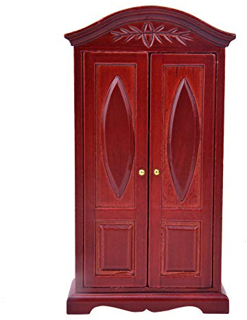 Puppenhaus-Holz-Doppeltürschrank, Puppenschrank-Möbel-Garderobe, Kleiderschrank-Puppenhaus-Zubehör Zur Dekoration(Burgund)