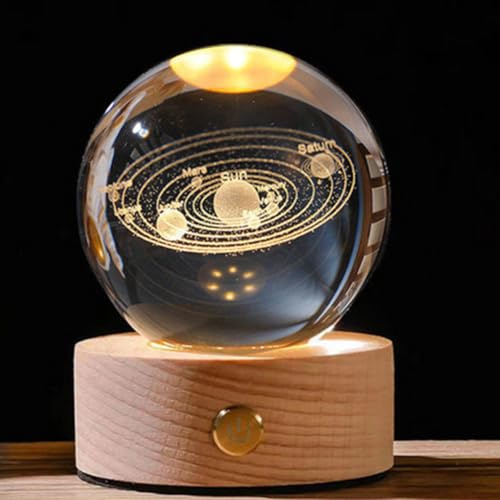 Umikk Bola de cristal 3D luz nocturna de 80 mm, USB 3D sistema solar planeta, bola de cristal, luz nocturna, escena nocturna creativa, astronomía, lámpara LED, con base de madera, regalo
