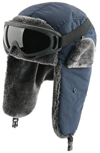 bomhys Russische Mütze Winter-Bombermütze, Wasserdicht, Ohrenklappen, Russische Uschanka Mit Schutzbrille, Für Männer Und Frauen, Trapper-Pilotenmütze, Kunstpelz, Thermo-Schneekappen, Marinebl