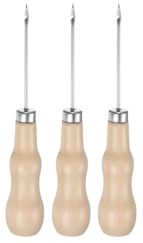 sourcing map 3pcs Handwork Sewing Awl Reed Wood Hook Head Awl Leather Punch Hole Tool with Wooden Handle Scratch for Broken Wire Make Mark Drilling Stitching Repair and DIY Handmade, Log Color