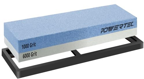 POWERTEC Piedra de afilar cuchillos – Piedra de agua de grano doble 1000/6000 con base de goma antideslizante para afilar cuchillos de cocina, maquinillas de afeitar, cinceles, tijeras, hacha, hacha