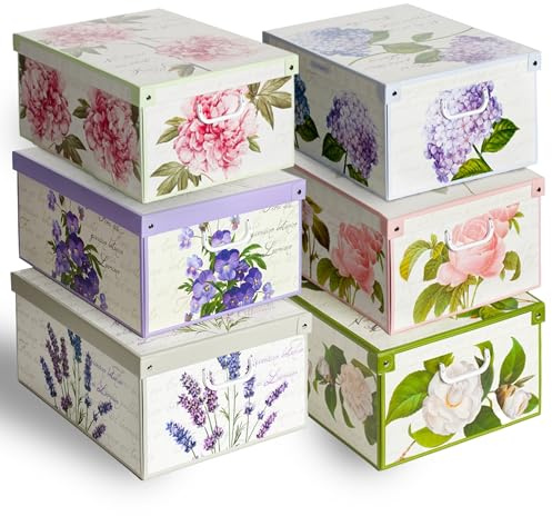Lavatelli: Storage Box 6 Pack: Large - Flower Mix - Lid & Handles, Decorative Cardboard Organizer, Stack-Fold, Home-Clothes-Linens, 19.7 x 15.4 x 9.4