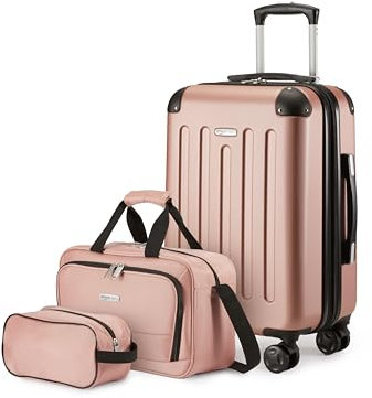 Amazon Basics Hartschalenkoffer Handgepäck-Set, 3Stück, Handgepäckkoffer, Tragetasche, Kompakte Reisetasche, Erweiterbar, 4 Spinner-Räder, Roségold