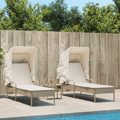 LAPOOH Sonnenliegen 2 STK. mit Dach und Tisch Beige Poly Rattan, Gartenliege, Liegestuhl, Sonnenstuhl, Sonneninsel Outdoor, Liegen, Gartenmöbel, Bäderliege, Relaxliege - 3261573