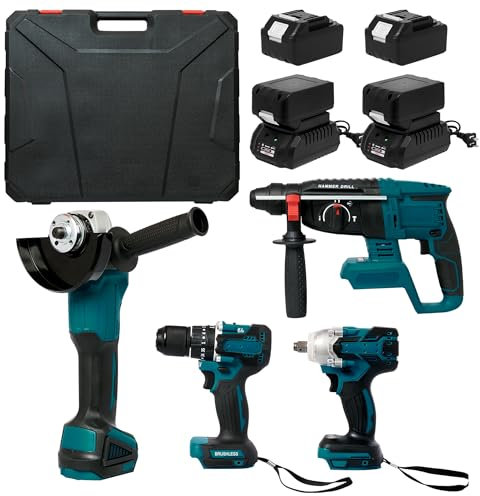 QQ CAT Kit combinado de 4 herramientas inalámbricas sin escobillas de 21 V con 4 baterías de 1,5 Ah, amoladora angular, taladro, martillo eléctrico, llave de impacto, juego de herramientas eléctricas