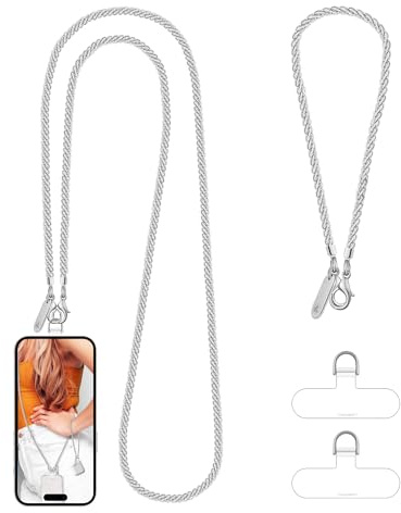 UKON Mobile Phone Lanyard Crossbody and Wrist Strap Set, Metal Phone Chain Neck Strap for Women Anti Theft iPhone Lanyard Strap with Tether Tabs, Detachable iPhone Chain for Women Girls (Light Silver)