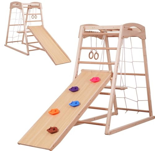 Sinbide 7-in-1 Multifunktionales Hochwertiges Holz-Klettergerüst, Kinder-Indoor-Turnhalle mit Rutsche, Kletternetzen, Kletterfelsen, Turnringen, Stangen, Leitern und Schaukeln，mittelgroße Spielplätze