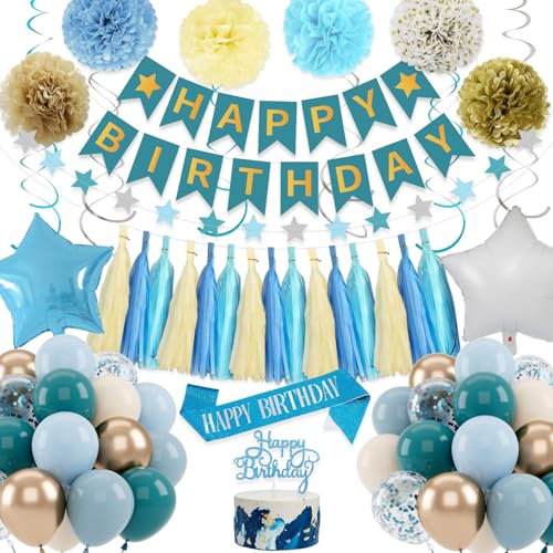 Blue Birthday Decorations for Men Boys Women, Happy Birthday Banner, Dusty Light Blue Gold Balloons, Paper Pompoms, Glitter Hanging Swirls Star Foil Balloons