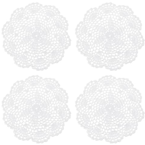 sourcing map Spitzendeckchen, 4 Stück, 20,3 cm, Baumwolle, gewebt, rund, gehäkelt, Untersetzer, Blumendesign, Stoff, handgefertigt, Platzset für Getränke, Hochzeit, Party, Dekoration (weiß)