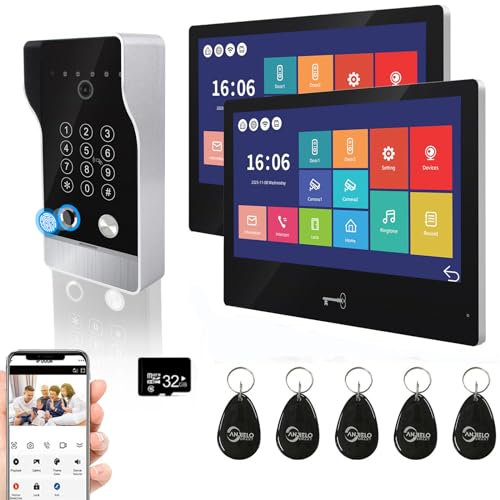 ANJIELO SMART 1080P Video Door Phone Apartment Doorbell Intercom,2PC 10 Inch Wired Touch Screen Monitor,5 in 1 Wireless Tuya WiFi Unlock,Supporting Fingerprint,RFID,