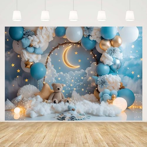 MEHOFOND Toile de fond d'anniversaire pour garçons de 2,1 x 1,5 m - Rose et bleu - Arche de ballons - Ours - Lune - Étoiles - Fond pour photo - Décoration de gâteau - Fête prénatale - Bannière