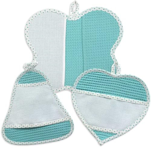 Set da 3 Pezzi presine da cucina da ricamare a punto croce, Presine da Cucina con Tela Aida, Tre pezzi di Presine a forma: Farfalla, Campana, Cuore (16 Nido d'ape verde menta)