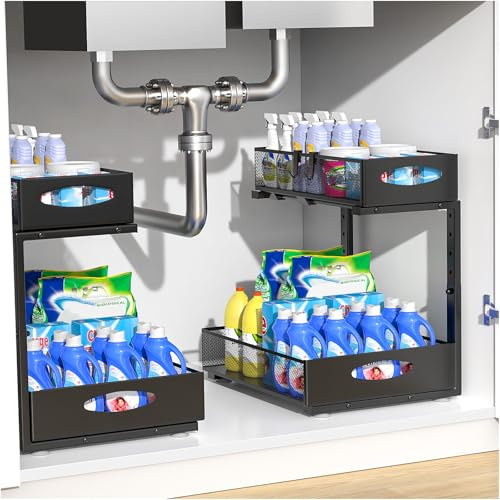 Housolution 2 Pack Large Under Sink Storage, Height Adjustable Pull Out Under Sink Organiser with Sliding Mesh Drawers, 2 Tier Metal Slide Out Kitchen Storage Rack Shelf for Cupboard, Black