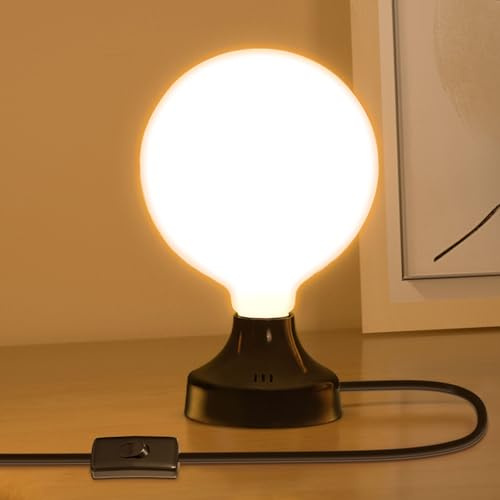 Lamptobe Industrial Table Lamp, Vintage Bedside Lamps with Plug in Cord On/Off Switch, E27 Lamp with Globe Opal Bulb, 360° Beam Angle, 3000K Warm White, Ideal for Bedroom, Living Room, Study, Office