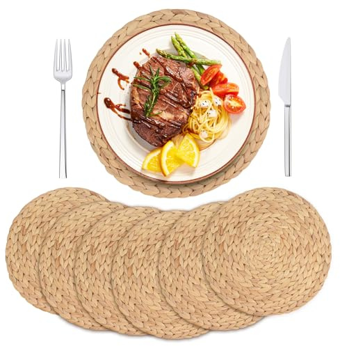 Vivote Set di 6 tovagliette intrecciate (set da 6) rotonde naturali, in giacinto d'acqua, resistenti al calore, per piatti, 33 cm x 33 cm