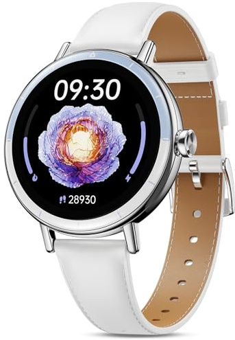 TIFOZEN Smartwatch Damen, 1,27 HD Screen Rund Klein Armbanduhr mit Telefonfunktion/Menstruationszyklus/SpO2/Pulsuhr/Schlafmonitor/Schrittzähler/100+ Sport Fitnessuhr für Android iOS, Silber Polarweiß
